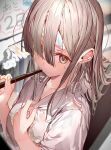  1girl blurry blurry_background closed_mouth clothes_pull cold_pack enj! grey_eyes grey_hair hair_over_one_eye hands_up highres holding holding_pen indoors long_hair looking_at_viewer looking_up original pen pulled_by_self shirt solo sweat upper_body white_shirt 
