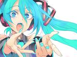  aqua aqua_eyes aqua_hair aqua_nails bad_id bad_pixiv_id colored_eyelashes fingernails hatsune_miku headphones ikuhana_niiro long_hair looking_at_viewer nail_polish open_mouth outstretched_arms simple_background solo vocaloid white_background wide-eyed 