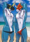 anthro anthrofied athletic athletic_anthro athletic_male balls bandai_namco beach blue_body clothing digimon digimon_(species) duo flamedramon genitals hi_res iudicium86 male male/male navel nipples pecs penis penis_base raidramon red_eyes scalie speedo swimwear swimwear_down