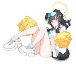  1girl absurdres animal_ears bare_legs black_hair blue_archive blue_eyes blush breasts closed_mouth crop_top dog_ears dog_tail full_body goggles goggles_on_head halo hibiki_(blue_archive) hibiki_(cheer_squad)_(blue_archive) highres holding holding_pom_poms long_hair medium_breasts pom_pom_(cheerleading) ponytail simple_background sitting skirt solo tail tunamayo_(dsasd751) white_background white_footwear white_skirt 
