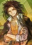  brown_eyes brown_hair chiko_(d04099) crossed_arms danganronpa danganronpa_1 facial_hair goatee hagakure_yasuhiro jacket_on_shoulders male_focus open_clothes open_shirt prototype shirt smile solo upper_body 