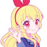  1girl aikatsu! aikatsu!_(series) bad_id bad_twitter_id blonde_hair blue_jacket bow closed_mouth commentary_request hair_bow hairband hand_up hoshimiya_ichigo jacket long_hair long_sleeves looking_at_viewer nekomachi_nao red_bow red_eyes red_hairband school_uniform sidelocks simple_background smile solo starlight_academy_school_uniform upper_body white_background 