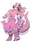  1girl animal_feet animal_hands artist_name back_bow bow brown_eyes brown_horns claws colored_skin commentary_request curled_horns digitigrade dragon_girl dragon_horns dragon_tail dress dress_bow fangs full_body furry furry_female horns long_hair looking_at_viewer looking_back maid open_mouth original pink_dress pink_hair pink_skin plump simple_background skin_fangs solo standing tail teko_(tawake) tentacle_hair white_background white_bow 