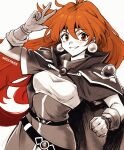  1girl armor artist_name cape earrings gloves jewelry lina_inverse long_hair looking_at_viewer miss_faves orange_hair pauldrons red_eyes red_hair shoulder_armor simple_background slayers smile solo white_background 