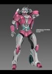  1girl arcee autobot backpack bag blue_eyes full_body grey_background helmet humanoid_robot myla_xan panties pink_liquid pink_panties robot robot_girl science_fiction simple_background solo transformers underwear 