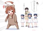  5girls adapted_costume ahoge animal_costume bear_costume black_hair blue_eyes blue_sailor_collar bob_cut brown_eyes brown_hair commentary_request daitou_(kancolle) dress hat hiburi_(kancolle) huge_ahoge kantai_collection kitakami_(kancolle) kitakami_kai_ni_(kancolle) kuma_(kancolle) long_hair low_ponytail masara_(chuujou) midriff multiple_girls neckerchief pleated_skirt pun purple_eyes sailor_collar sailor_dress sailor_hat sailor_shirt shirt short_hair short_ponytail short_sleeves shounan_(kancolle) skirt translation_request twintails white_dress white_hat white_neckerchief yellow_sailor_collar yellow_shirt yellow_skirt 