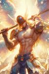  1boy abs angel angel_wings angemon armor biceps blonde_hair covered_eyes digimon digimon_(creature) feathered_wings helmet helmet_over_eyes holding holding_staff long_hair male_focus muscular muscular_male navel nipples pauldrons shoulder_armor solo staff user_trvg2338 vambraces white_wings wings 