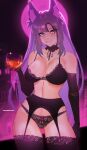  1girl absurdres animal_ear_fluff animal_ears artist_name awful_queen_(vtuber) breasts fangs fox_ears fox_girl heterochromia highres indie_virtual_youtuber large_breasts long_hair looking_at_viewer miragemybae monster_girl purple_hair solo thighhighs underwear 