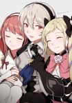  3girls blonde_hair blush breasts closed_eyes commentary_request corrin_(female)_(fire_emblem) corrin_(fire_emblem) elise_(fire_emblem) fire_emblem fire_emblem_fates hair_between_eyes hairband highres hug long_hair multiple_girls open_mouth peach11_01 pink_hair pointy_ears purple_hair red_eyes sakura_(fire_emblem) short_hair simple_background smile twintails upper_body 