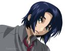  1boy artist_name athrun_zala blue_hair fumiko_(mesushi) green_eyes grey_shirt gundam gundam_seed gundam_seed_freedom looking_to_the_side necktie open_mouth red_necktie shirt solo white_background 