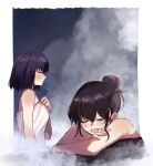  2girls 710_ao alternate_hairstyle aozaki_aoko black_hair blush brown_hair closed_eyes commentary hair_bun highres kuonji_alice mahou_tsukai_no_yoru multiple_girls naked_towel night night_sky onsen open_mouth outdoors profile short_hair single_hair_bun sky smile star_(sky) steam sweat symbol-only_commentary towel 