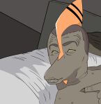 2024 anthro bed brown_body brown_hair brown_scales claws detailed_background digital_drawing_(artwork) digital_media_(artwork) dinosaur female finger_claws fingers furniture goodbye_volcano_high hair head_crest inside male meme milesmiles naser_(gvh) on_bed pterodactylus pterosaur reptile scales scalie short_hair snout solo yellow_eyes