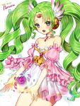  1girl :d bad_id bad_pixiv_id bare_shoulders breasts character_name choker cleavage cowboy_shot dated dress falulu falulu_(awakened) flower forehead_jewel gambe green_hair grey_eyes headphones idol_clothes long_hair looking_down open_mouth parted_bangs petals pretty_series pripara puffy_short_sleeves puffy_sleeves purple_flower purple_rose rose short_sleeves sidelocks simple_background small_breasts smile solo standing twintails typo very_long_hair white_background white_choker white_dress wing_hair_ornament 