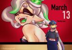  2girls agent_3_(splatoon) billboard blue_hat breasts closed_eyes colored_tongue domino_mask earrings freckles glint gradient_hair green_hair green_tongue grey_hair hat highres inkling inkling_girl inkling_player_character jewelry long_hair maddeningtrash marie_(splatoon) mask meme multicolored_hair multiple_girls open_mouth pointy_ears poster_(object) short_hair sideboob smile splatoon_(series) splatoon_1 twitter_username veil_scene_14_redraw_(meme) very_long_hair 