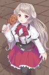  1girl animal_ears black_pantyhose blush bow brown_eyes commentary_request cropped_jacket food grey_hair holding holding_food jacket juliet_sleeves long_hair long_sleeves looking_at_viewer mushoku_tensei nail_polish open_mouth pantyhose pink_nails pleated_skirt puffy_sleeves pursena_adoldia red_bow red_skirt shirt skirt sleeves_past_wrists solo standing standing_on_one_leg sweat teeth tile_floor tiles tukino_neru upper_teeth_only very_long_hair white_jacket white_shirt 
