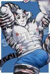  1boy abs animal_ears arknights arm_behind_head armpit_hair arms_up bara blue_male_underwear boxers bulge claws english_commentary furry furry_male green_eyes highres looking_at_viewer male_focus male_underwear mountain_(arknights) multiple_scars muscular muscular_male nipples pawpads pectorals sample_watermark scar scar_across_eye scar_on_arm scar_on_cheek scar_on_face scar_on_leg scar_on_stomach tail tiger_boy tiger_ears tiger_stripes tiger_tail topless_male underwear vagusnk watermark 