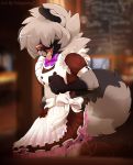  anthro bow_tie canid canine canis clothed clothing crossdressing domestic_dog hair hair_over_eye inside magenta7 male mammal open_mouth solo standing tongue tongue_out 