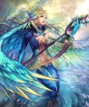  blonde_hair blue_lips fantasy feathered_wings feathers harp harpy instrument midriff monster_girl multicolored_hair navel niji2468 original solo wings 