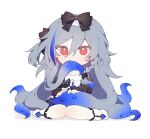  1girl black_bow black_dress blue_hair boots bow braid chibi dress fu_hua fu_hua_(herrscher_of_sentience) gloves grey_hair hair_bow haruka_(rsyaooooo) highres honkai_(series) honkai_impact_3rd long_hair looking_at_viewer monster_girl mouth_hold multicolored_hair red_eyes scylla simple_background sitting solo streaked_hair wariza white_background 