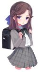  1girl absurdres aged_down bag bird black_bow bow brown_hair duck grey_jacket grey_skirt hair_bow hair_ornament highres jacket lilimaya medium_hair open_mouth parted_bangs plaid plaid_skirt pleated_skirt purple_bow purple_eyes school_bag shirt shoujo_kageki_revue_starlight sidelocks simple_background skirt solo tendou_maya white_background white_shirt x_hair_ornament 