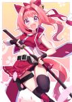  1girl absurdres animal_ears belt bike_shorts blush drawing_sword freely2327 haru_urara_(umamusume) headband highres holding holding_sword holding_weapon horse_ears horse_girl horse_tail katana looking_at_viewer midriff navel open_mouth petals pink_eyes pink_hair simple_background solo sword tail thighhighs umamusume weapon 