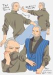  beard blue_pants brown_sweater covered_mouth facial_hair fate/grand_order fate_(series) grey_hair japanese_clothes male_focus mature_male pants sitting standing sweater takku_(takk25) turtleneck turtleneck_sweater yagyuu_munenori_(fate) 