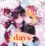  2girls album_cover album_name ascot blonde_hair blush bow brown_hair cherry_blossoms commentary_request cover detached_sleeves falling_petals flower frilled_bow frilled_hair_tubes frills grin hair_bow hair_tubes hakurei_reimu highres holding_hands interlocked_fingers kirisame_marisa long_hair multiple_girls no_headwear nodoguro_(phi-tan) petals pink_flower pink_petals red_bow red_eyes smile touhou yellow_ascot yellow_eyes yuri 
