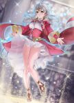  1girl bare_legs cape detached_sleeves diadem dress fire_emblem fire_emblem:_radiant_dawn floating floating_hair forehead_jewel full_body glowing grey_hair hair_tubes haru_(nakajou-28) highres long_hair micaiah_(fire_emblem) micaiah_(queen_of_dawn)_(fire_emblem) outstretched_arms pink_cape short_dress solo underbust white_dress 