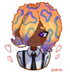  1girl 928hrsp black_necktie collared_shirt cropped_torso dark-skinned_female dark_skin gradient_hair hair_over_one_eye heart highres looking_at_viewer multicolored_hair necktie orange_hair patterned_hair portrait purple_eyes shirt simple_background smile solo splatoon_(series) splatoon_3 suspenders tao_blu_(splatoon) twitter_username white_background white_shirt 