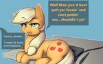  2016 applejack_(mlp) blonde_hair captainpudgemuffin cutie_mark dialogue earth_pony english_text equine female feral freckles friendship_is_magic fur green_eyes hair hi_res horse long_hair mammal my_little_pony open_mouth orange_fur pony solo text 