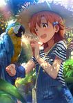  ahoge animal animal_on_arm bad_id bad_pixiv_id bag bird bird_on_arm blue-and-yellow_macaw blush brown_hair commentary_request day forest hair_between_eyes hair_bobbles hair_ornament handbag hat highres idolmaster idolmaster_million_live! lens_flare light_rays macaw nature one_eye_closed open_mouth outdoors overalls parrot red10 shadow shirt short_sleeves smile straw_hat striped striped_shirt sunbeam sunlight suspenders upper_body yabuki_kana yellow_eyes 