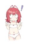  ! 1girl :&lt; antenna_hair ass_visible_through_thighs bare_arms bare_shoulders blush_stickers bow bow_bra bow_panties bra chibi closed_mouth collarbone commentary cropped_legs double_v hands_up highres looking_to_the_side looking_up low_twintails navel original panties red_hair sakuraba_hikaru_(loveindog) simple_background solo symbol-only_commentary twintails underwear underwear_only v white_background white_panties 