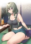  1girl bare_shoulders barefoot blush breasts candy cleavage commentary_request covered_nipples cup drinking_glass drinking_straw food green_hair hair_between_eyes highres itohana long_hair looking_at_viewer low_twintails navel original purple_eyes shorts sitting smile solo table tank_top tatami twintails wariza 
