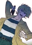  asuka_ryou belt blonde_hair blue_eyes broken_bottle coat devilman male_focus open_clothes open_coat open_mouth shirt shirt_tucked_in sideburns simple_background smile solo striped striped_shirt trench_coat utou white_background 