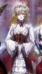  1girl blonde_hair blue_eyes dress genshin_impact gentiloignon headdress highres long_sleeves own_hands_clasped own_hands_together sandrone_(genshin_impact) short_hair short_hair_with_long_locks smile solo upper_body white_dress 