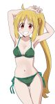  1girl absurdres ahoge armpits arms_up bikini blonde_hair blush bocchi_the_rock! breasts brown_eyes cleavage collarbone cowboy_shot green_bikini grin highres ijichi_nijika long_hair navel ponzu_rui presenting_armpit side-tie_bikini_bottom side_ponytail simple_background small_breasts smile solo standing swimsuit teeth white_background 