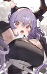  1girl arknights armpit_crease armpits black_shirt breasts chest_harness embarrassed flying_sweatdrops from_below harness highres holding_own_horn horns jacket large_breasts long_bangs long_hair open_clothes open_jacket open_mouth purple_hair red_eyes satsuki_neko shirt solo strap teeth typhon_(arknights) underbust upper_teeth_only very_long_hair white_jacket 