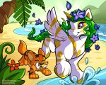 2024 accessory ambiguous_feral ambiguous_gender beach canid cel_shading doglefox domestic_pet duo equid equine fan_character female female_feral feral ferwanwan flower flower_in_hair fur furries_with_pets green_hair hair hair_accessory happy hi_res hooves horn island_neopet leaf looking_down mammal markings mythological_creature mythological_equine mythology neopet_(species) neopets palm_tree petpet_(neopets) plant purple_eyes quadruped shaded smile tail tree tropical tusks uni_(neopets) water watermark white_body white_fur winged_unicorn wings yellow_markings