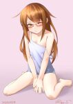  1girl alternate_costume barefoot brown_background brown_eyes brown_hair camisole dated flat_chest glasses kantai_collection long_hair mochizuki_(kancolle) one-hour_drawing_challenge one_eye_closed panties ray.s red-framed_eyewear simple_background sitting solo strap_slip twitter_username underwear wariza white_camisole white_panties 