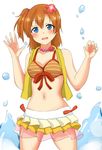  blue_eyes blush breasts flower front-tie_top hair_flower hair_ornament koppu kousaka_honoka love_live! love_live!_school_idol_project medium_breasts natsuiro_egao_de_1_2_jump! navel one_side_up orange_hair solo swimsuit water white_background 