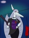 absurd_res anthro band_shirt braided_hair collar fang_(gvh) feathers female goodbye_volcano_high hair hi_res jewelry looking_at_viewer necklace pteranodon pteranodontid pterosaur reptile scalie solo spiked_collar spikes trigger12_(artist) wings