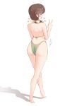  1girl :d absurdres ass barefoot bikini bow brown_hair closed_eyes feet from_behind full_body geraldjess1 green_bikini hair_bow heart highres medium_hair open_mouth ranma_1/2 shadow simple_background smile solo swimsuit tendou_kasumi v walking white_background yellow_bow 