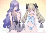  2girls absurdres azusa_(azchemist63) blonde_hair bow breasts camilla_(fire_emblem) drill_hair elise_(fire_emblem) fire_emblem fire_emblem_fates hair_between_eyes hair_bow hair_ornament hair_over_one_eye half-siblings highres kneeling long_hair looking_at_viewer medium_breasts multiple_girls multiple_hair_bows nightgown panties parted_bangs purple_eyes purple_hair siblings sidelocks small_breasts smile twin_drills underwear wavy_hair 