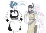  1boy 1girl apron black_hair blue_eyes blue_hair blush chain crossdressing english_commentary english_text femdom high_ponytail japanese_clothes leggings long_hair maid maid_apron maid_headdress mobi_mobi nakatsukasa_tsubaki ninja no_mouth ponytail soul_eater 