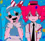  2girls black_eyes black_mouth blue_background blue_dress buttons confetti double-breasted dress drill_hair hair_between_eyes hands_up hatsune_miku kasane_teto kei_(wa_shoi) long_hair mesmerizer_(vocaloid) multiple_girls open_mouth pink_eyes pink_hair puffy_short_sleeves puffy_sleeves scared sharp_teeth short_sleeves simple_background smile striped_clothes striped_dress striped_headwear teeth twin_drills utau very_long_hair vocaloid wrist_cuffs 