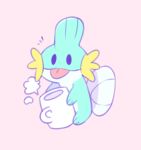 2018 3_toes ambiguous_gender beverage blep blue_body cloud_emanata colored dot_eyes emanata feet feral fin generation_3_pokemon graskip head_fin hi_res holding_mug holding_object hot_beverage mudkip mug nintendo noseless orange_whiskers pastel_(artwork) pink_background pokemon pokemon_(species) quadruped shaded simple_background solo tail toes tongue tongue_out traditional_media_(artwork) whiskers