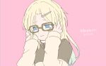  1girl :i blonde_hair blue_eyes blue_hair brown-framed_eyewear brown_jacket closed_mouth empty_eyes eyebrows_hidden_by_hair glasses gradient_hair hair_down hair_ornament hairclip hands_on_own_cheeks hands_on_own_face highres jacket kyu-kurarin_(cevio) light_blue_hair link!_like!_love_live! long_hair long_sleeves love_live! lyrics multicolored_hair official_alternate_costume official_alternate_hairstyle osawa_rurino parted_bangs pink_background solo translation_request upper_body virtual_youtuber white_2530 