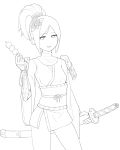  1girl alternate_costume breasts donburikazoku highres katana looking_at_viewer medium_hair monochrome oura_kanako ponytail sayonara_zetsubou_sensei short_hair sidelocks simple_background sleeves_past_wrists smile solo sword weapon white_background 