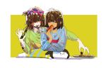  2others ahoge androgynous arm_rest blue_hairband blue_sweater blush_stickers border bow_hairband brown_hair chara_(undertale) child closed_eyes colored_skin eating elbow_rest facing_viewer flower food food_in_mouth frisk_(undertale) green_sweater hair_flower hair_ornament hairband hairpin holding holding_food hot_dog lantern_madoyoi multiple_others one_eye_closed one_side_up other_focus outside_border plate red_eyes short_hair simple_background sweater teeth temmie undertale upper_body white_border white_skin yellow_background 