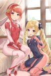  2girls :d alternate_costume black_bodysuit blonde_hair bodysuit bow breasts commission covered_navel curtains day drill_hair earrings elise_(fire_emblem) fire_emblem fire_emblem_fates full_body hair_bow hairband hand_to_own_mouth haru_(nakajou-28) highres indoors jewelry kneeling long_hair looking_at_viewer multicolored_hair multiple_girls on_bed open_mouth pink_bodysuit pink_hair pointing pointing_at_self purple_eyes purple_hair red_bodysuit red_eyes sakura_(fire_emblem) short_hair sitting skeb_commission small_breasts smile sunlight sweatdrop swept_bangs teeth twin_drills twintails two-tone_bodysuit two-tone_hair upper_teeth_only very_long_hair white_hairband window 